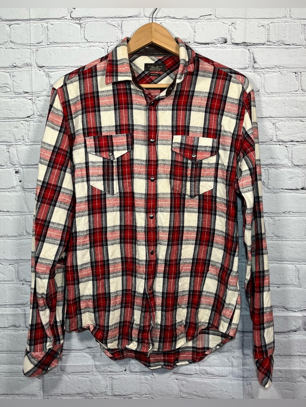 Zara Man Pearl Snap Plaid Aztec Elbow Patch Flannel Shirt Mens Size Medium